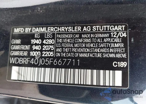 2005 Mercedes-Benz C 230 Kompressor Sport z USA, uszkodzony, nr VIN WDBRF40J05F667711